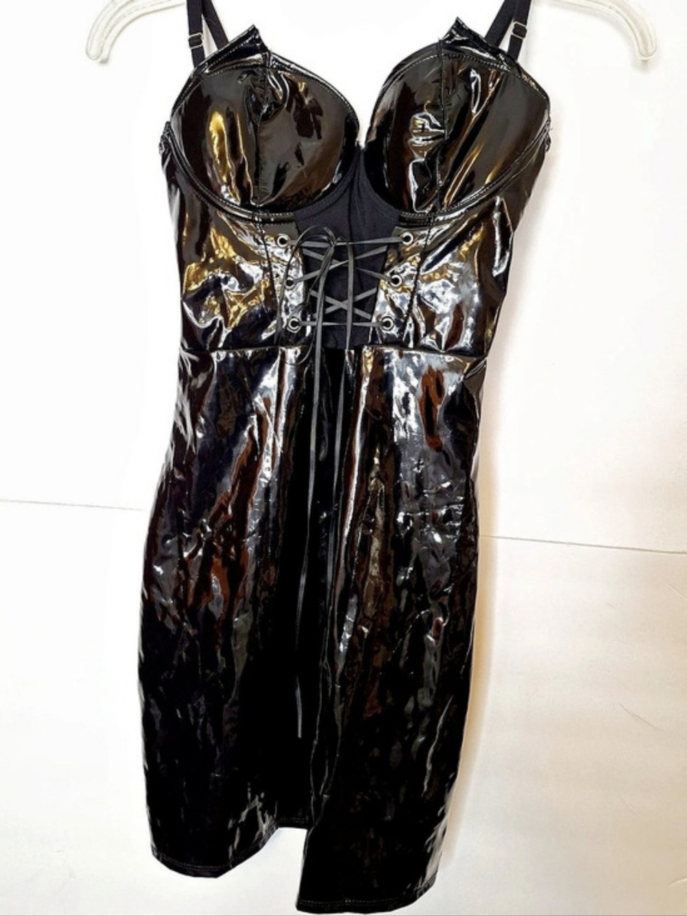 Black Faux Patent Leather Bustier Mini Dress – Lace-Up Corset, Party / Halloween
